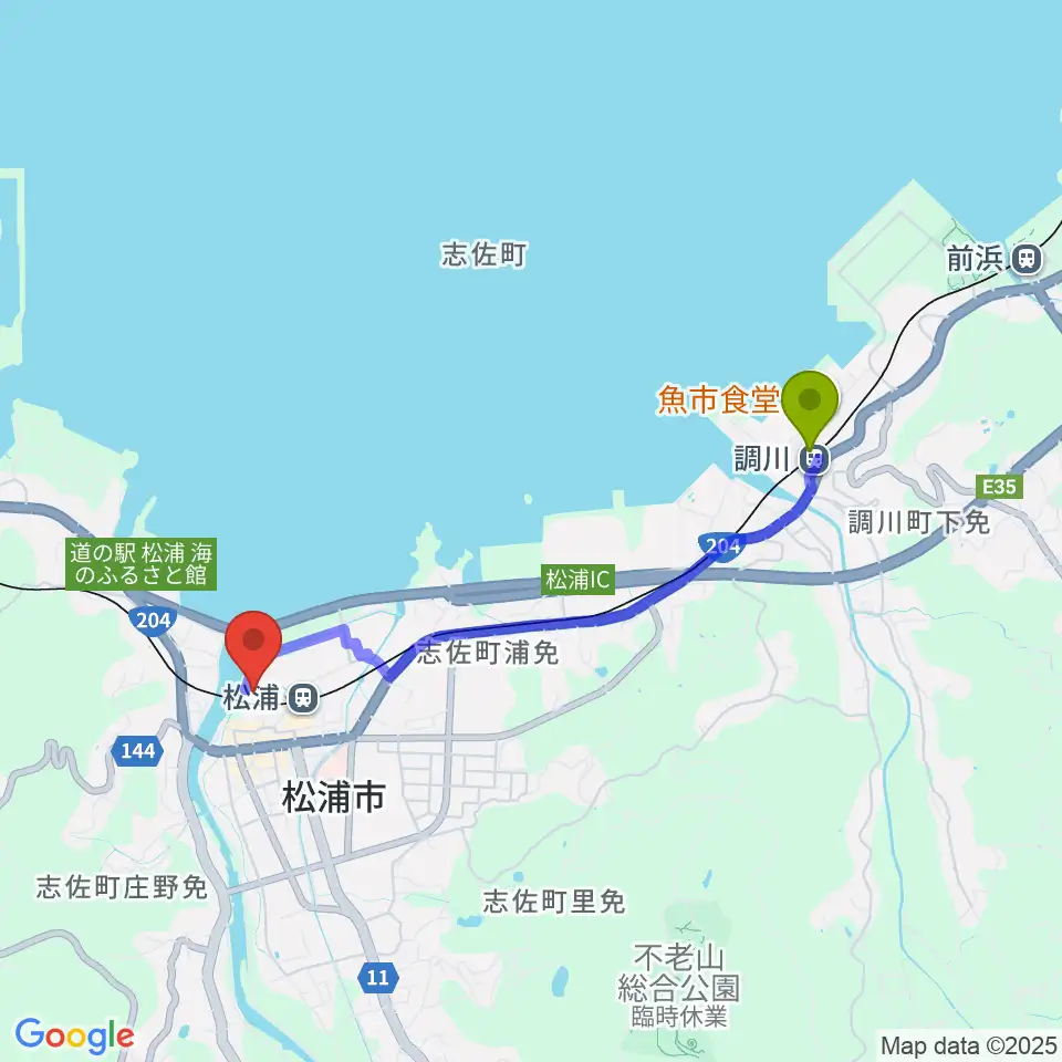 調川駅から松浦市文化会館へのルートマップ地図