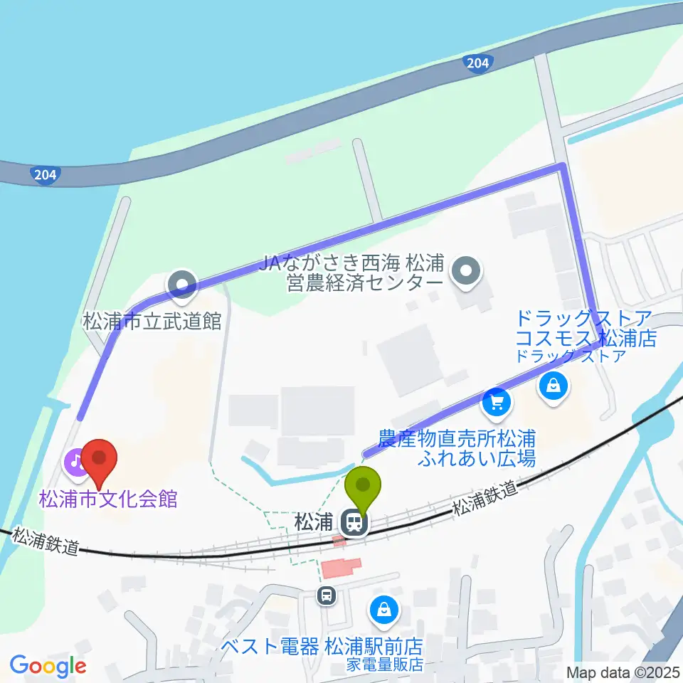 松浦市文化会館の最寄駅松浦駅からの徒歩ルート（約3分）地図