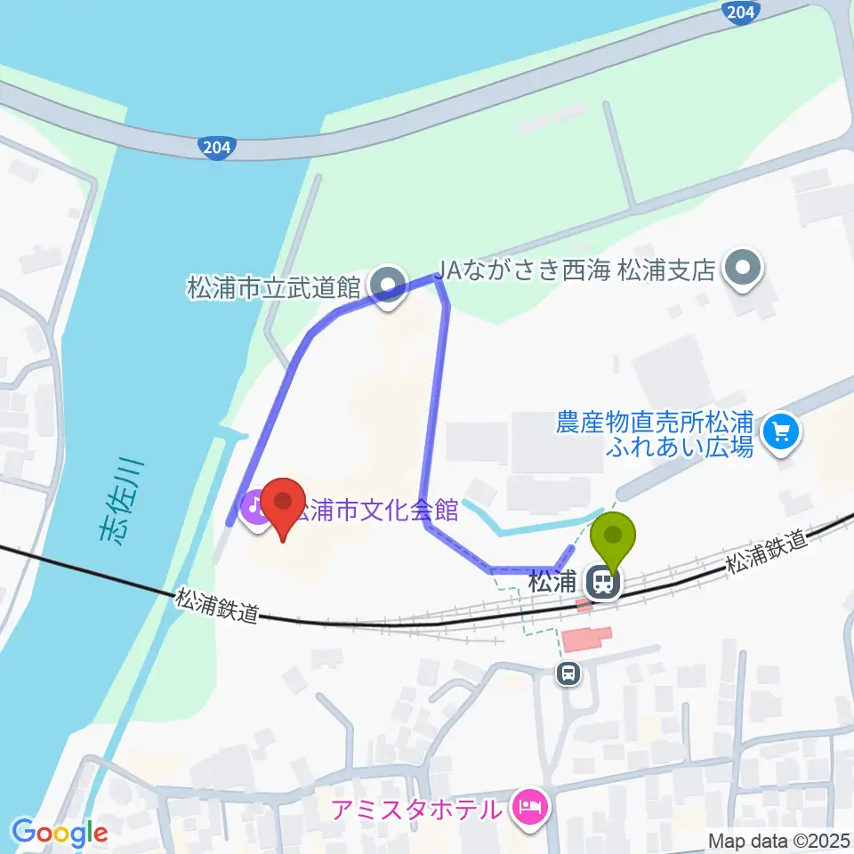 松浦市文化会館の最寄駅松浦駅からの徒歩ルート（約3分）地図