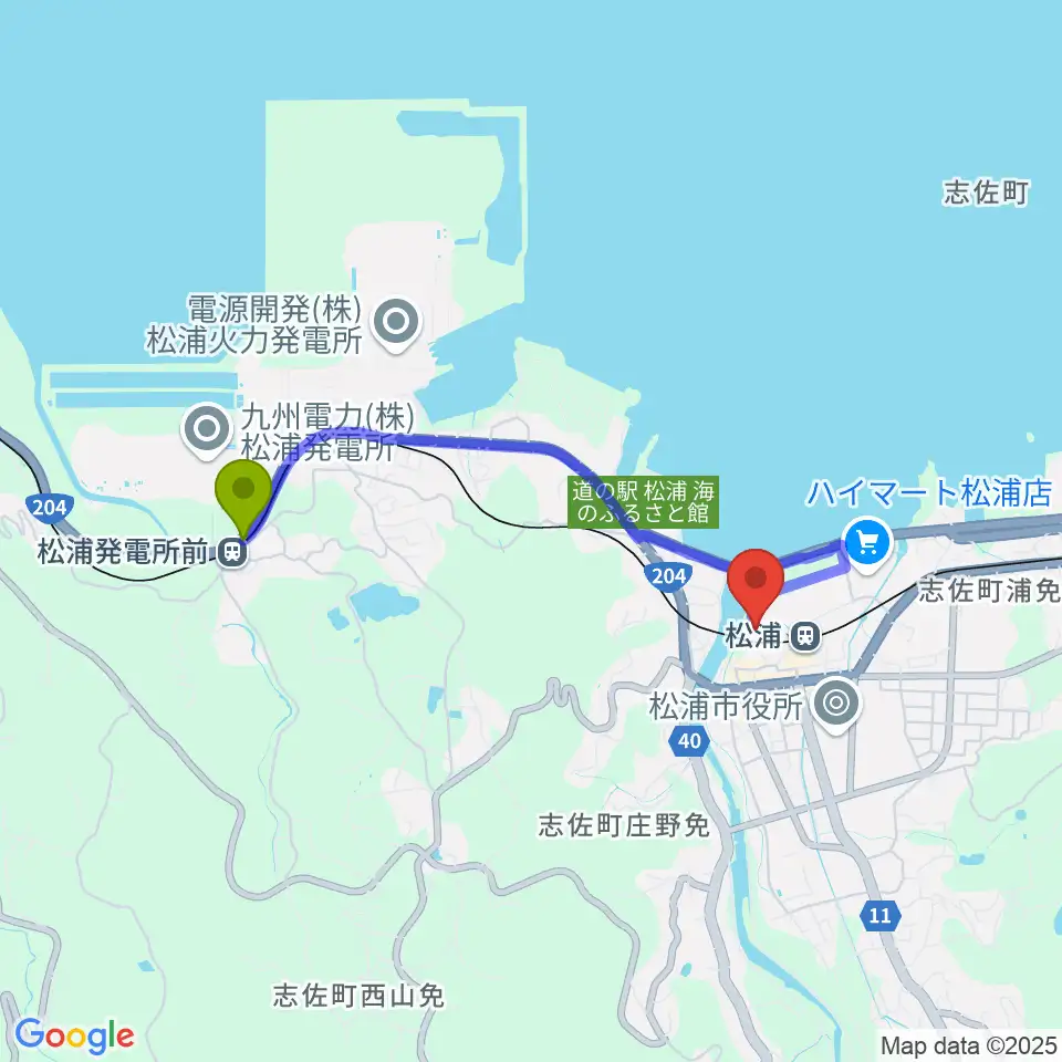 松浦発電所前駅から松浦市文化会館へのルートマップ地図