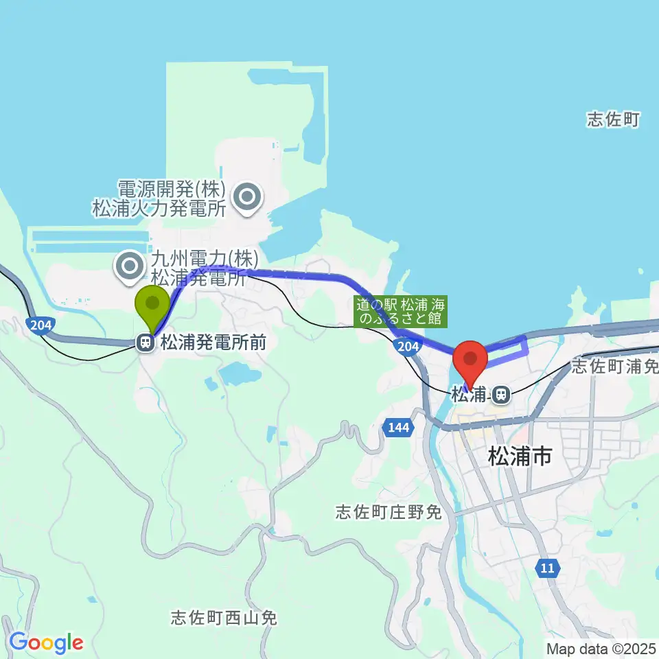 松浦発電所前駅から松浦市文化会館へのルートマップ地図