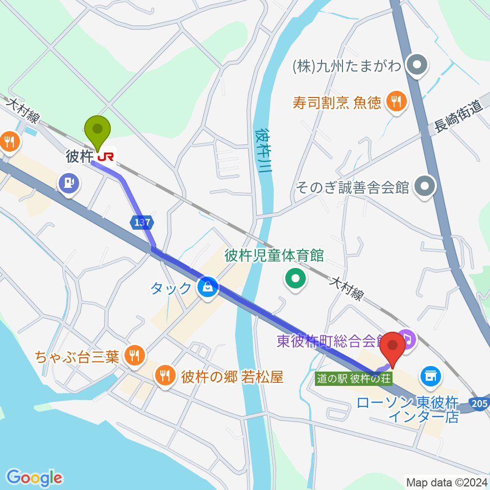 東彼杵町総合会館文化ホールの最寄駅彼杵駅からの徒歩ルート（約12分）地図