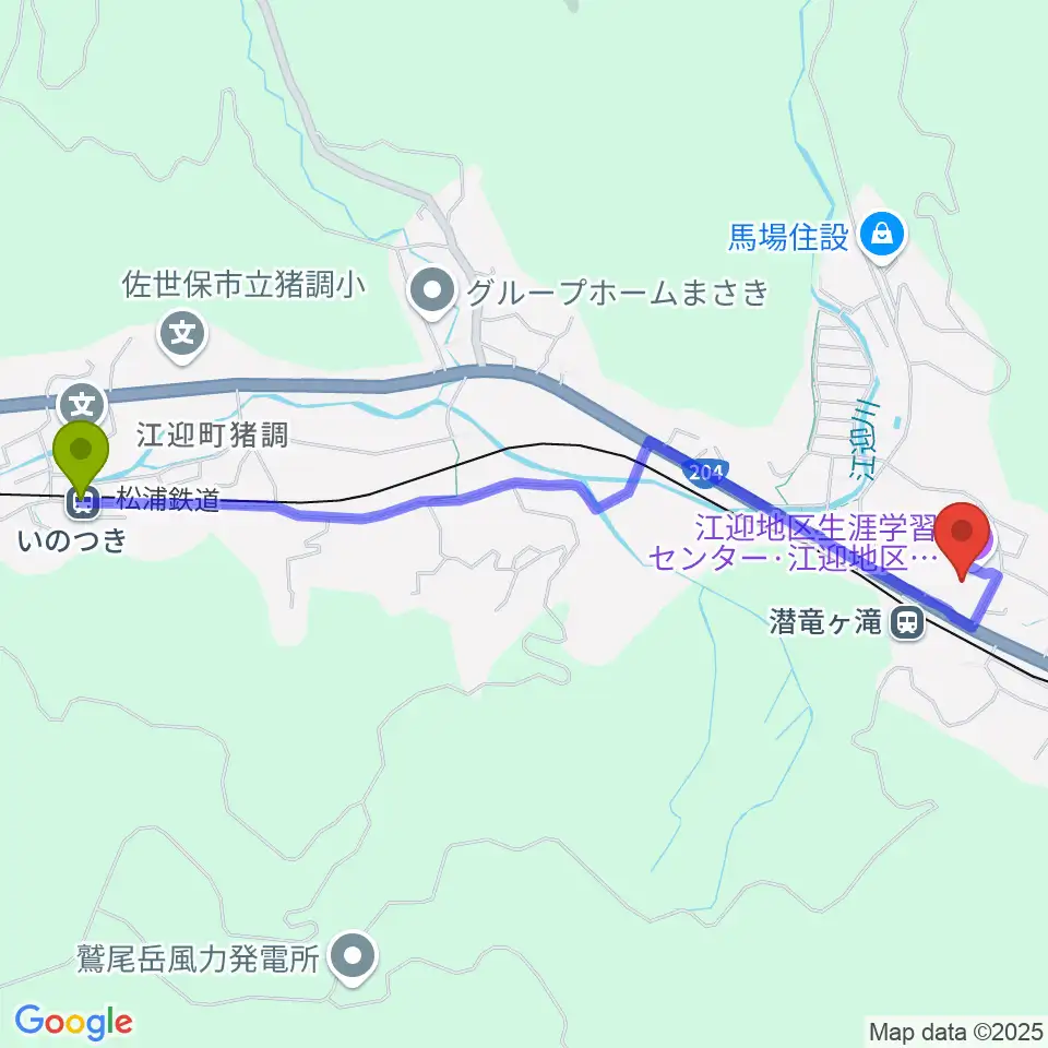 いのつき駅から江迎地区文化会館インフィニタスへのルートマップ地図