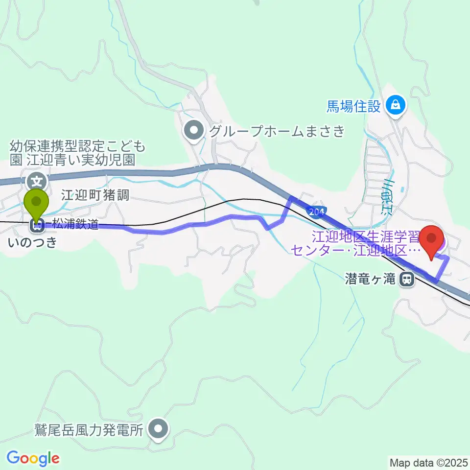 いのつき駅から江迎地区文化会館インフィニタスへのルートマップ地図