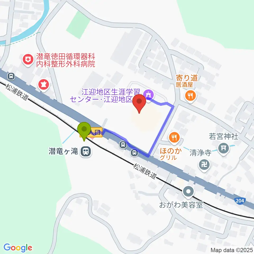 江迎地区文化会館インフィニタスの最寄駅潜竜ヶ滝駅からの徒歩ルート（約2分）地図