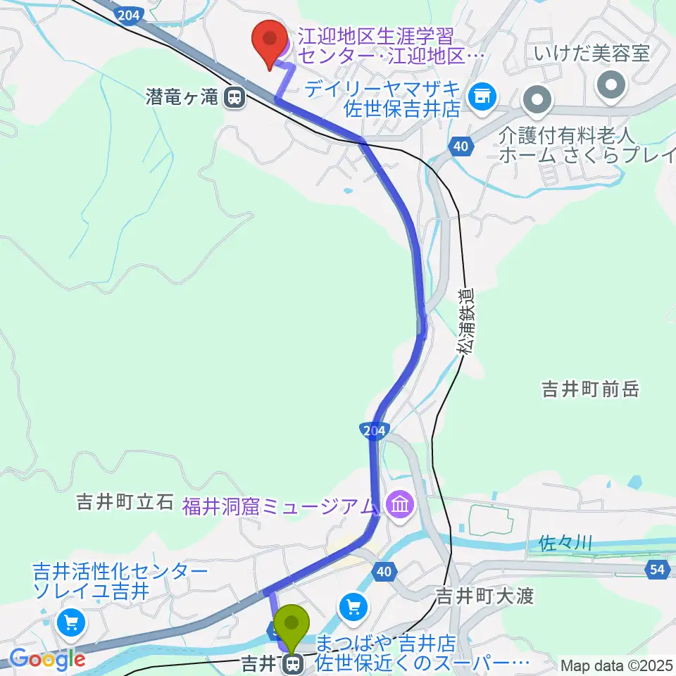 吉井駅から江迎地区文化会館インフィニタスへのルートマップ地図