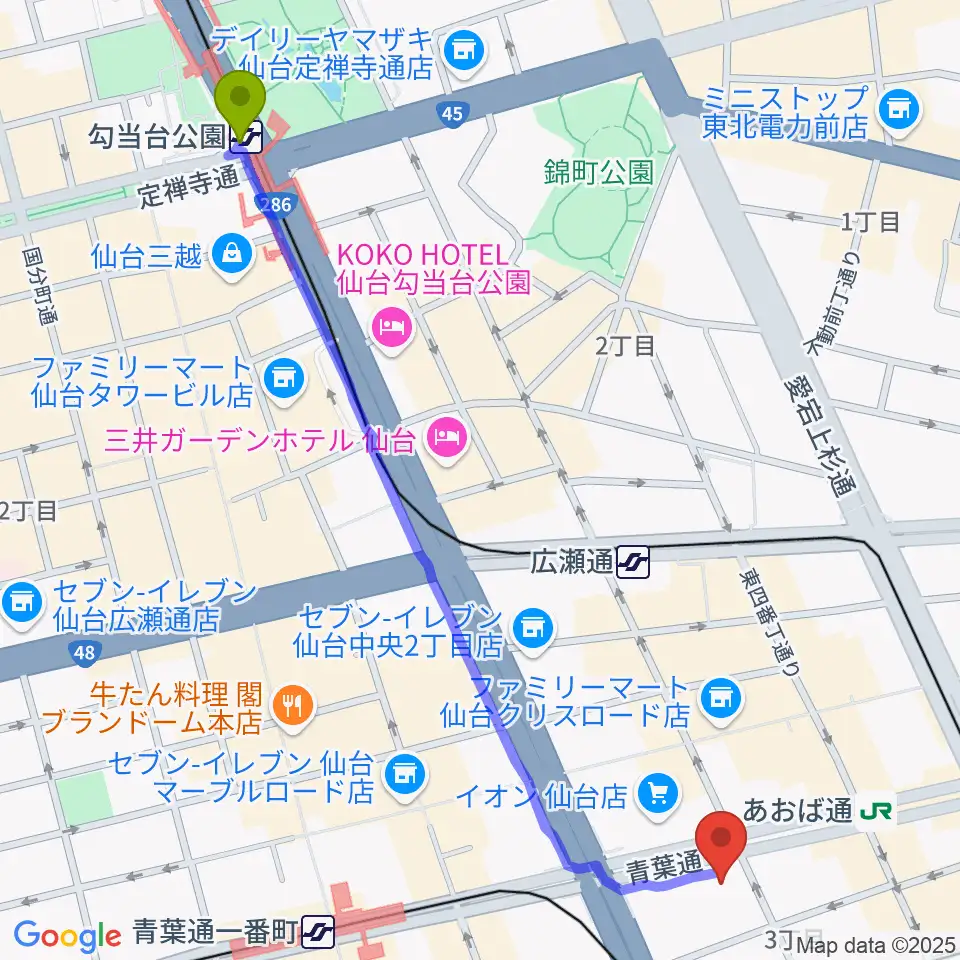 勾当台公園駅からシアーミュージック仙台校へのルートマップ地図