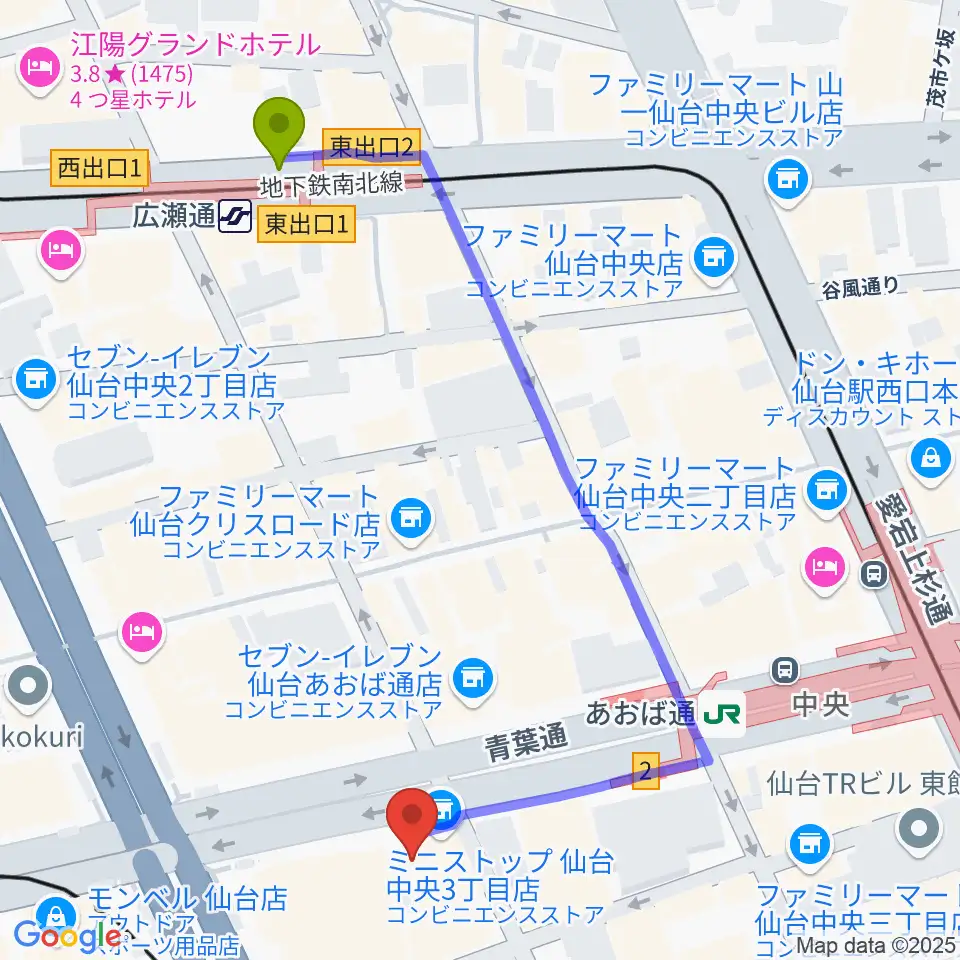 広瀬通駅からシアーミュージック仙台校へのルートマップ地図