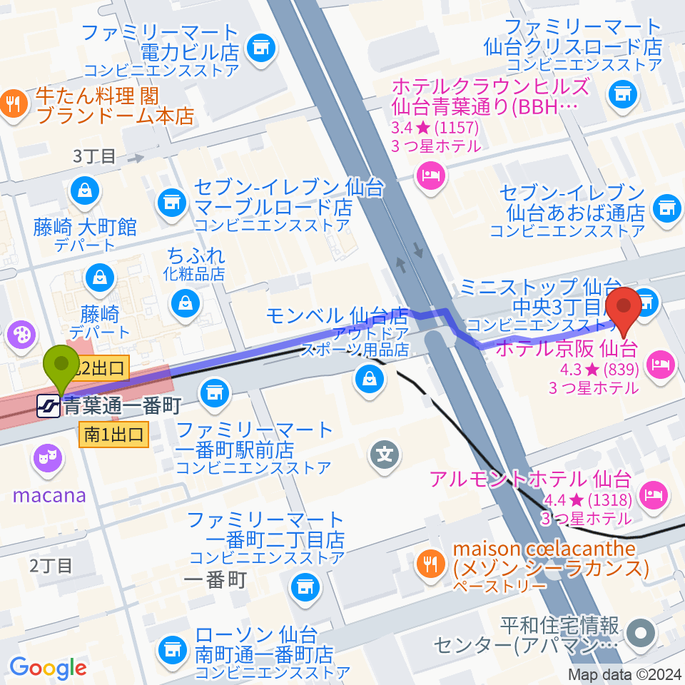 青葉通一番町駅からシアーミュージック仙台校へのルートマップ地図