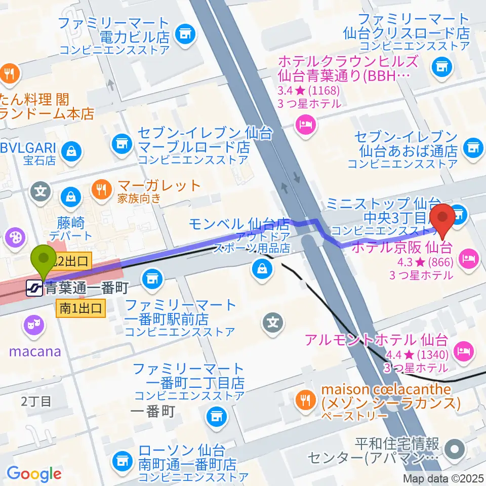 青葉通一番町駅からシアーミュージック仙台校へのルートマップ地図