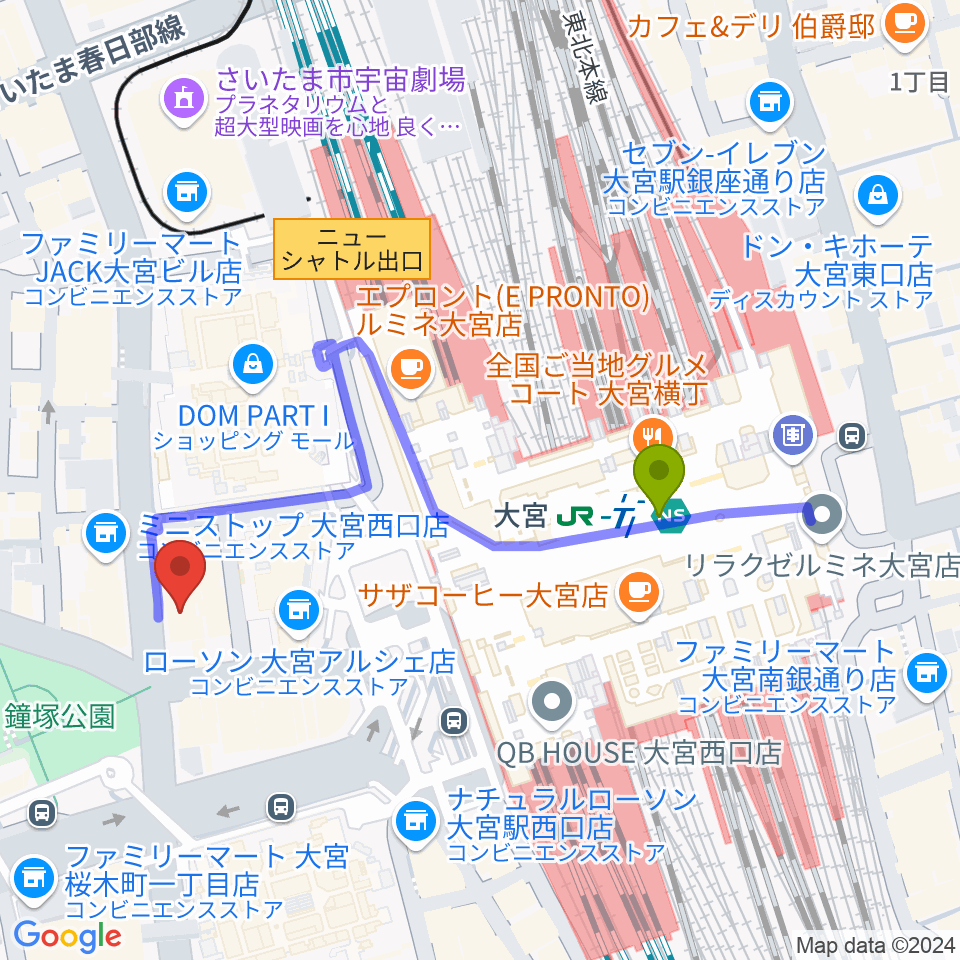 シアーミュージック大宮校の最寄駅大宮駅からの徒歩ルート（約4分）地図