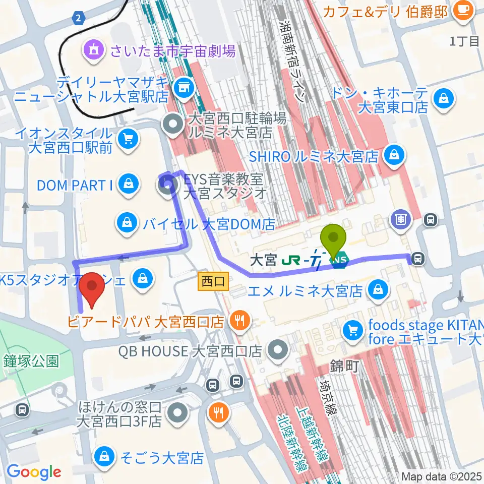 シアーミュージック大宮校の最寄駅大宮駅からの徒歩ルート（約4分）地図
