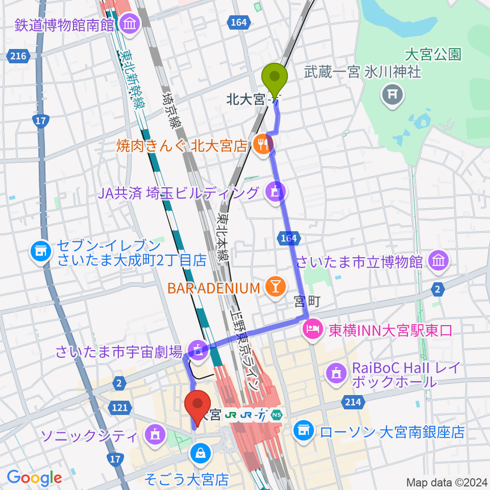 北大宮駅からシアーミュージック大宮校へのルートマップ地図