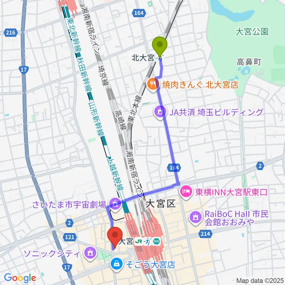 北大宮駅からシアーミュージック大宮校へのルートマップ地図