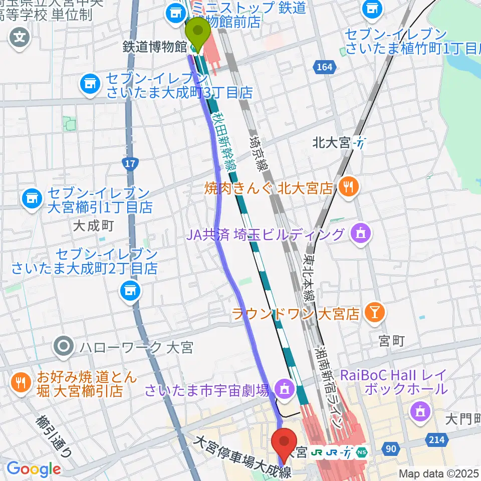 鉄道博物館駅からシアーミュージック大宮校へのルートマップ地図