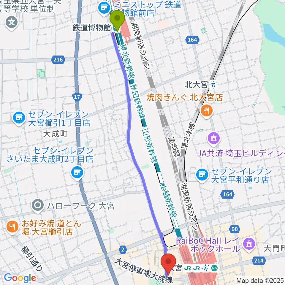 鉄道博物館駅からシアーミュージック大宮校へのルートマップ地図