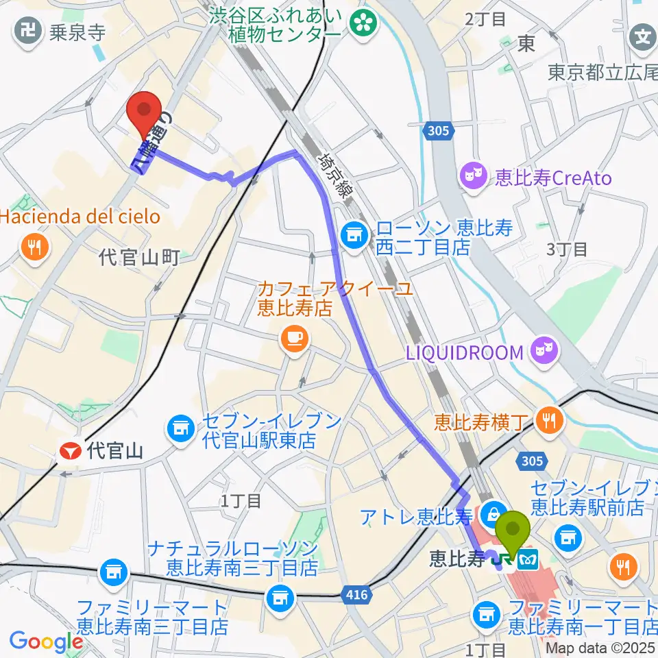 恵比寿駅から代官山NOMADへのルートマップ地図