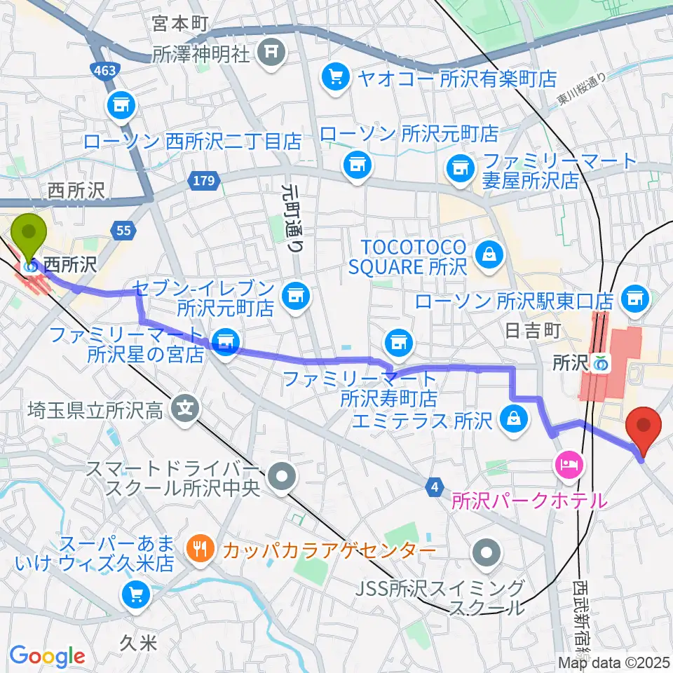 西所沢駅からシアーミュージック 所沢校へのルートマップ地図