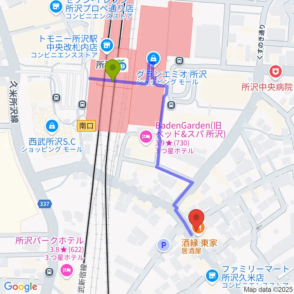 シアーミュージック 所沢校の最寄駅所沢駅からの徒歩ルート（約5分）地図