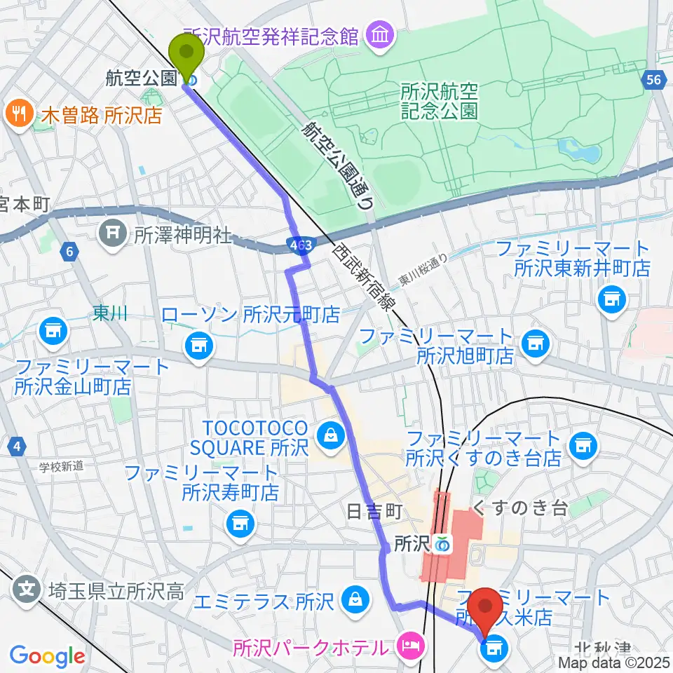 航空公園駅からシアーミュージック 所沢校へのルートマップ地図