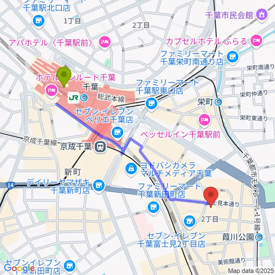 千葉駅からシアーミュージック 千葉校へのルートマップ地図