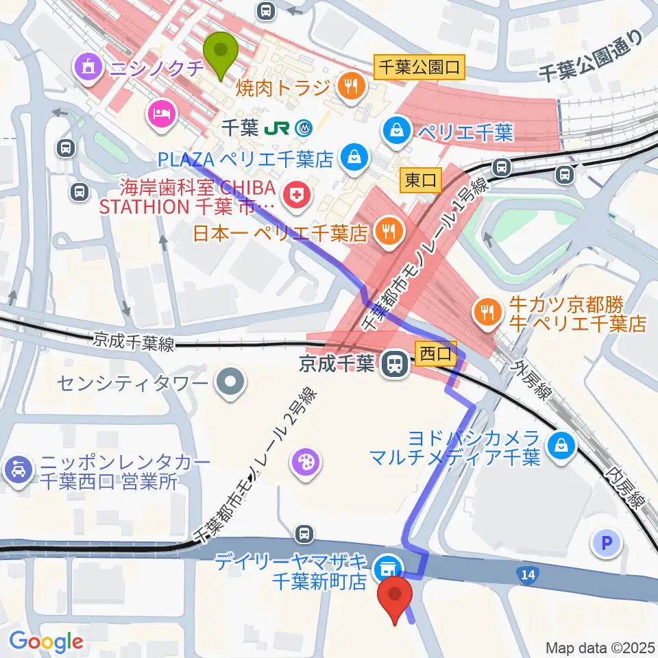 シアーミュージック 千葉校の最寄駅千葉駅からの徒歩ルート（約7分）地図