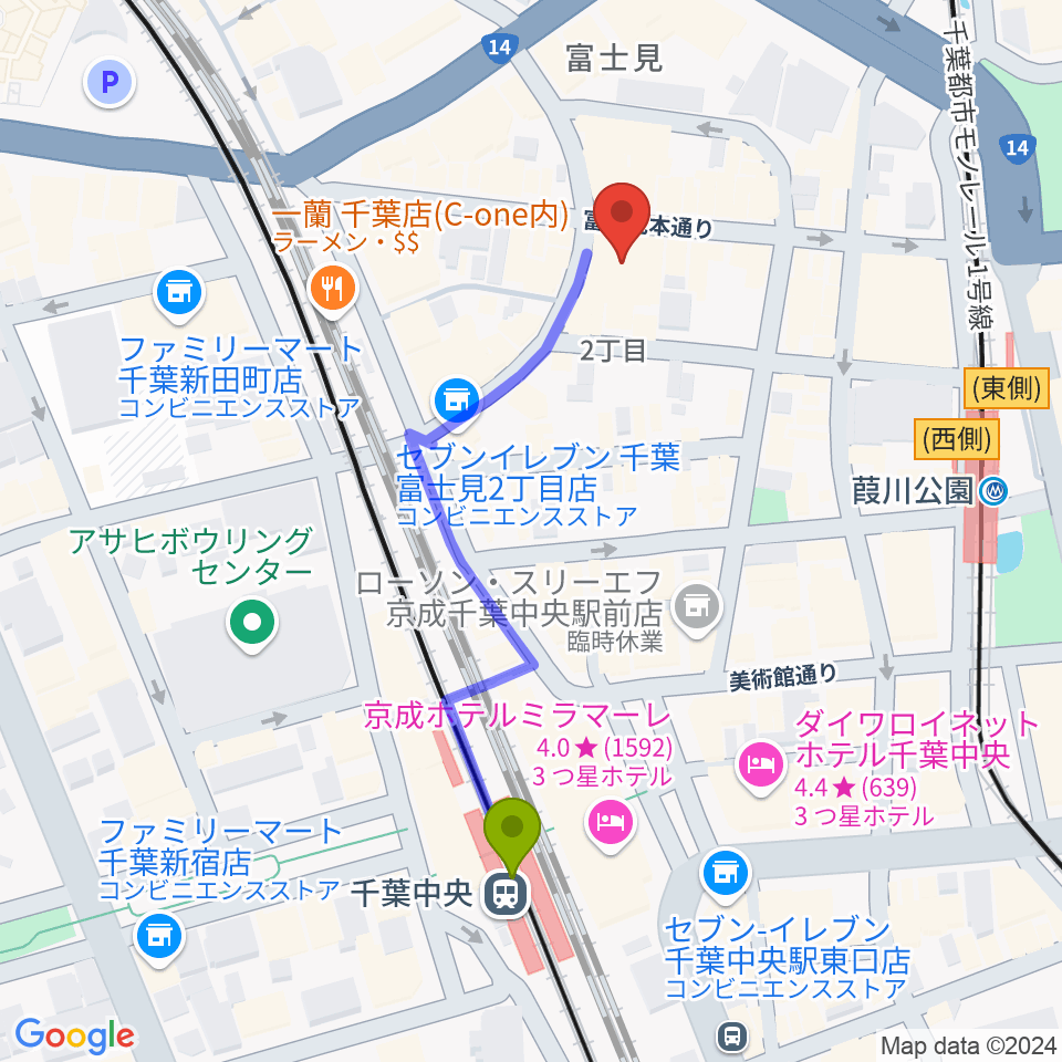 千葉中央駅からシアーミュージック 千葉校へのルートマップ地図