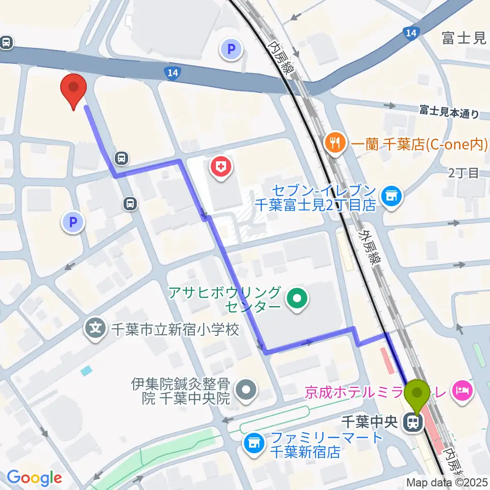 千葉中央駅からシアーミュージック 千葉校へのルートマップ地図