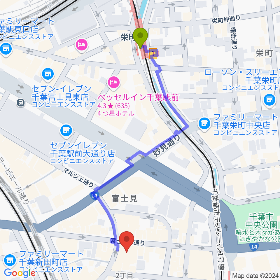 栄町駅からシアーミュージック 千葉校へのルートマップ地図