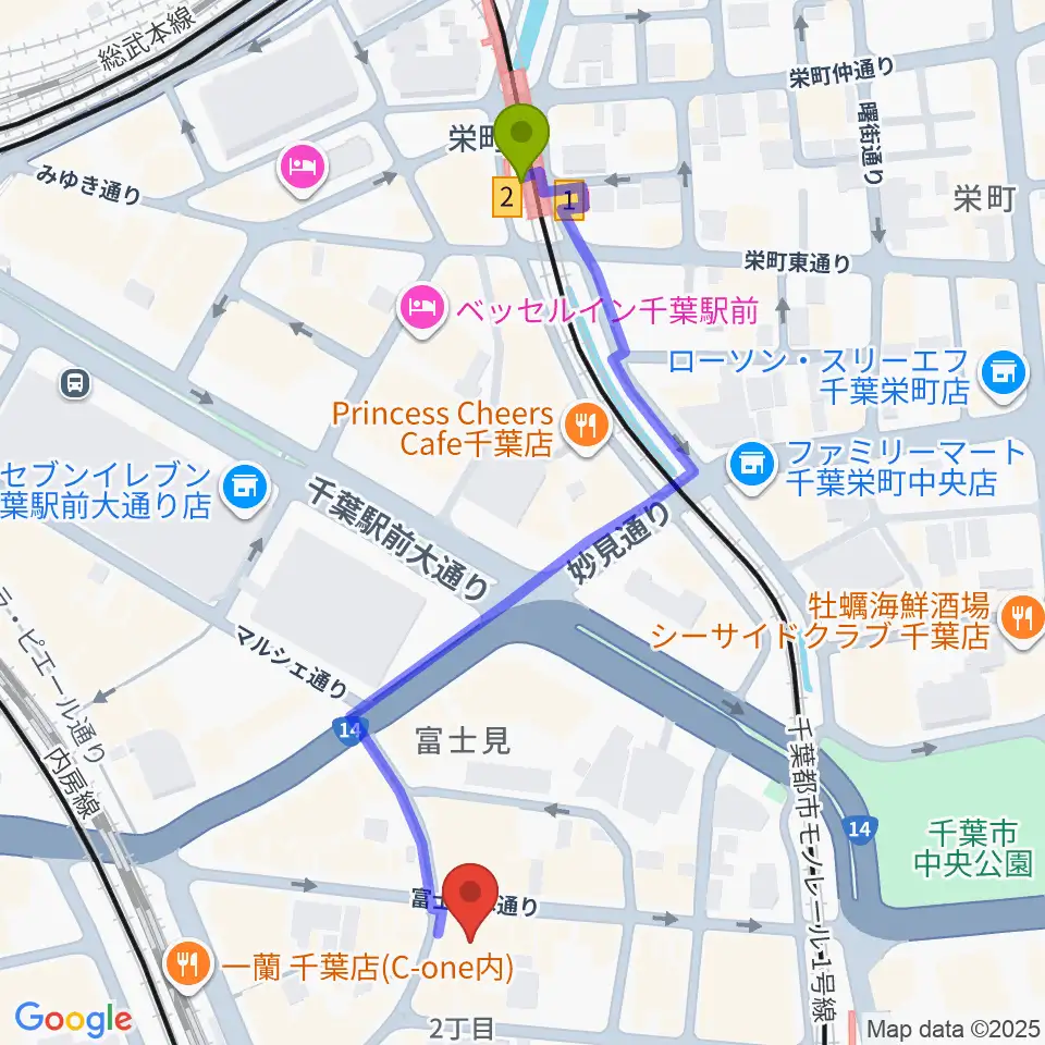 栄町駅からシアーミュージック 千葉校へのルートマップ地図