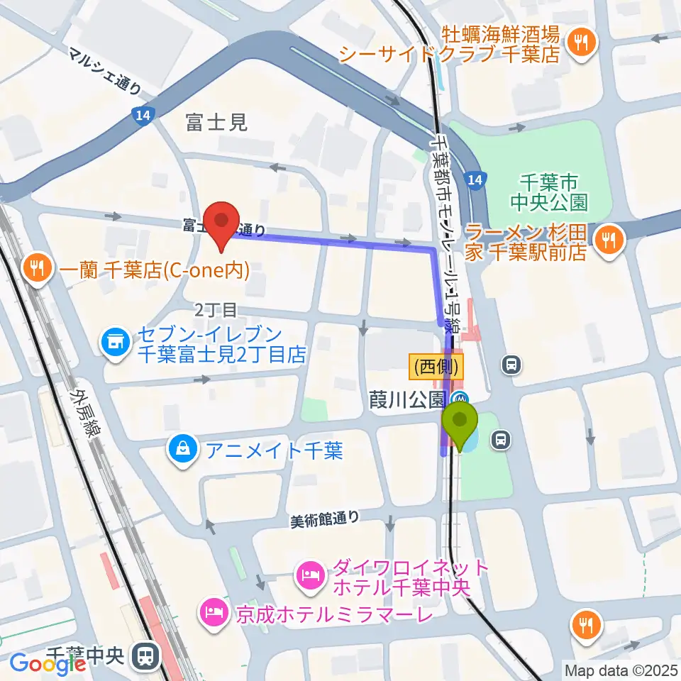 シアーミュージック 千葉校の最寄駅葭川公園駅からの徒歩ルート（約4分）地図