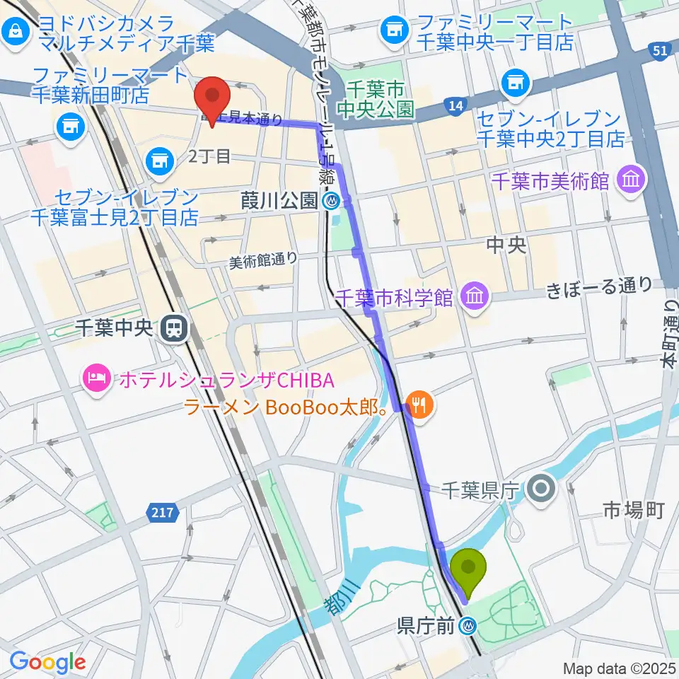 県庁前駅からシアーミュージック 千葉校へのルートマップ地図