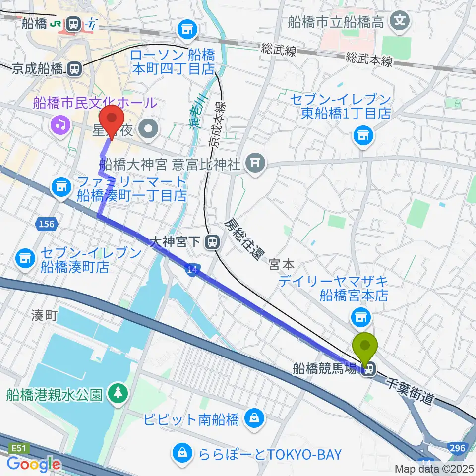 船橋競馬場駅からシアーミュージック 船橋校へのルートマップ地図