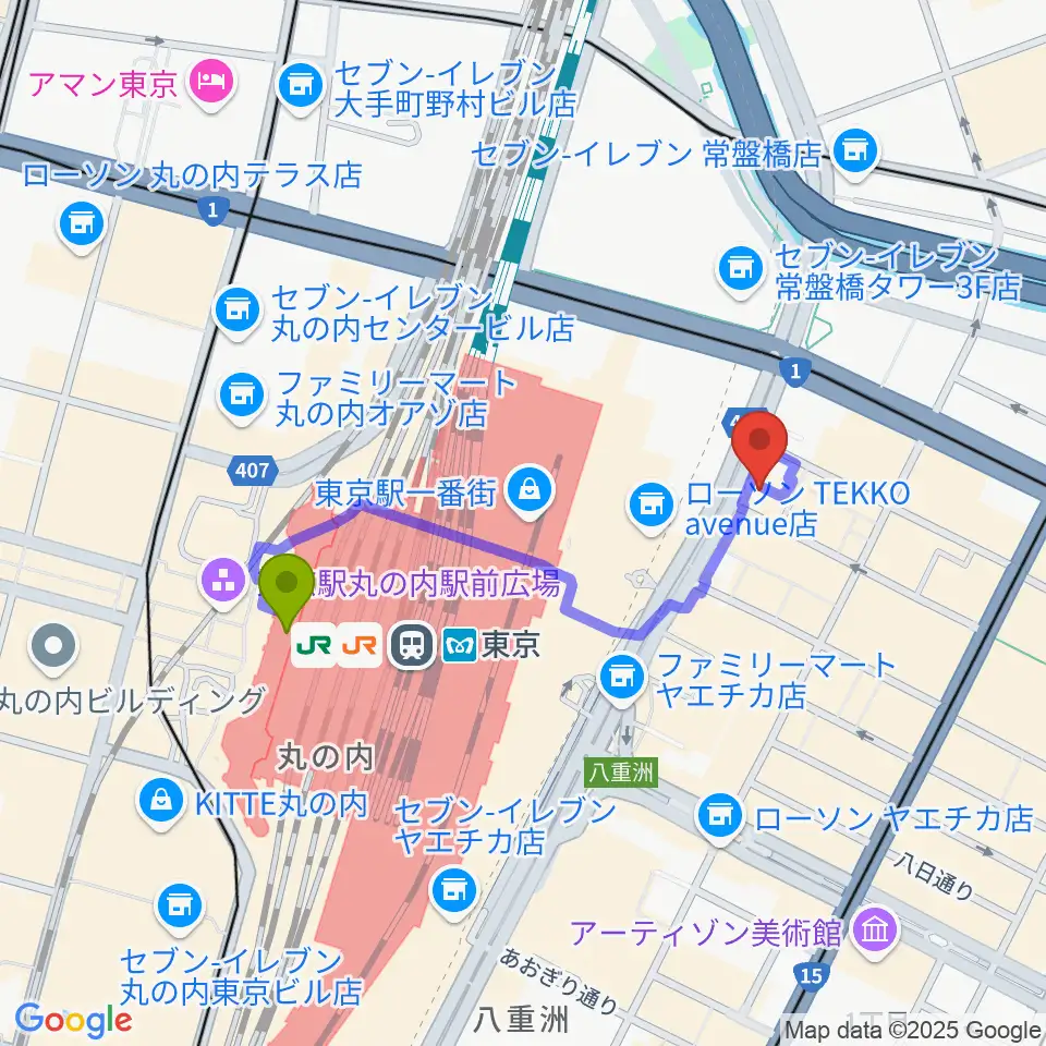 東京駅からシアーミュージック 東京校へのルートマップ地図