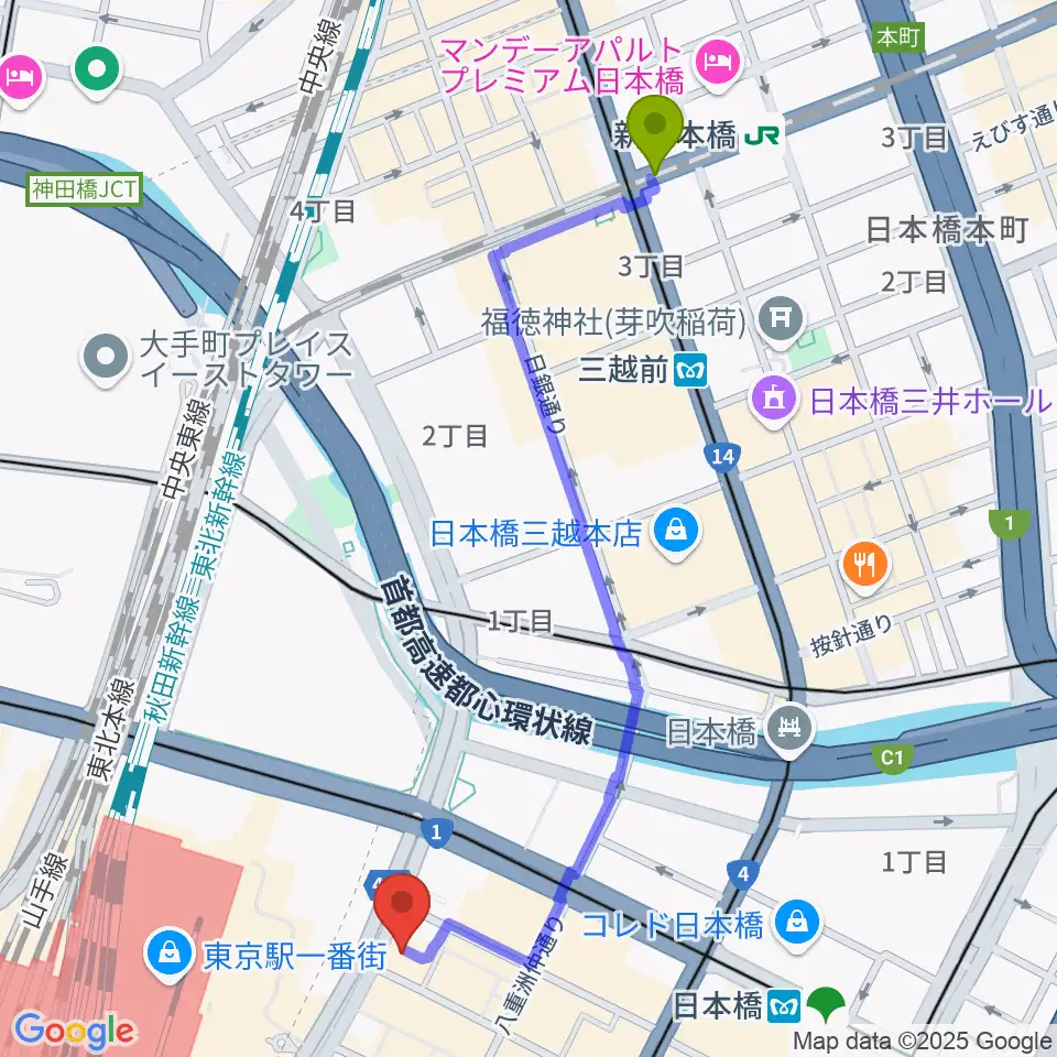 新日本橋駅からシアーミュージック 東京校へのルートマップ地図