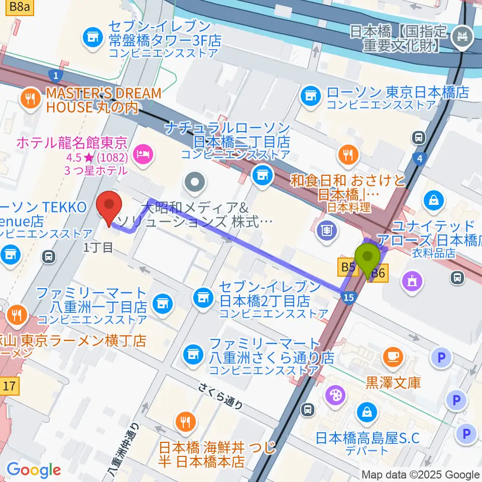 シアーミュージック 東京校の最寄駅日本橋駅からの徒歩ルート（約4分）地図