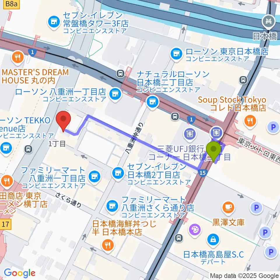 シアーミュージック 東京校の最寄駅日本橋駅からの徒歩ルート（約4分）地図