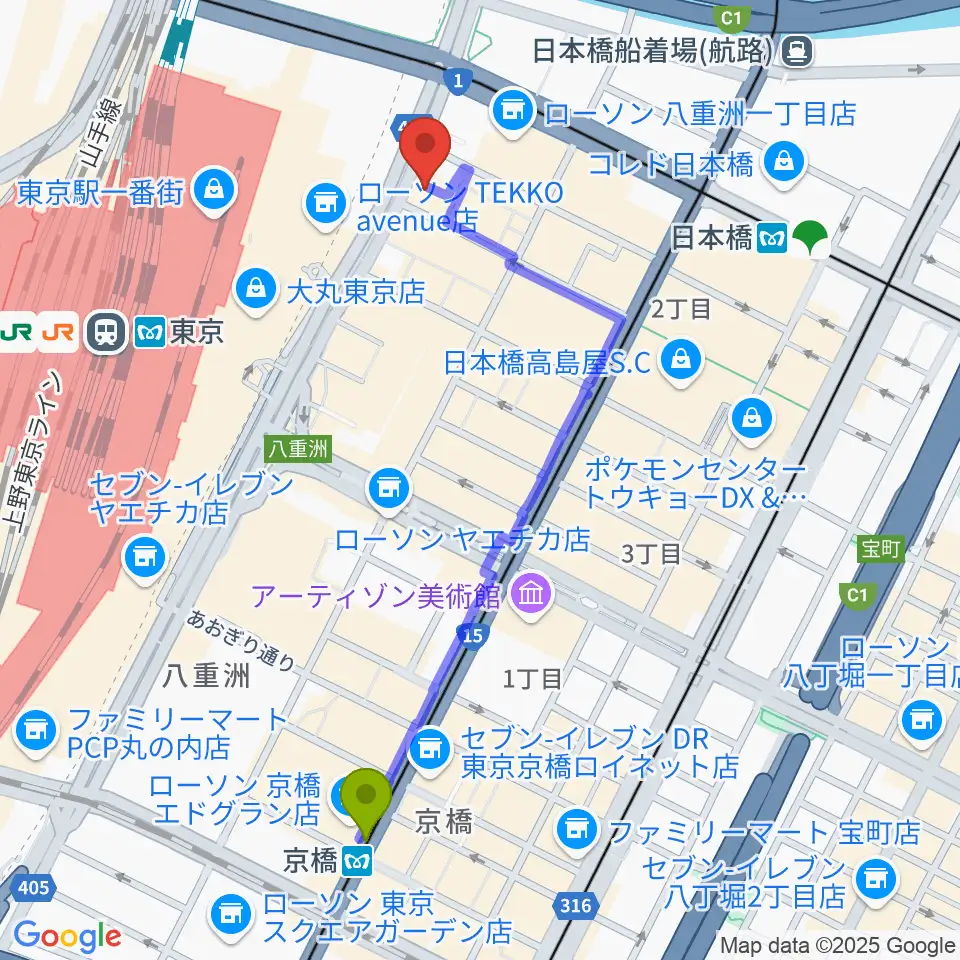 京橋駅からシアーミュージック 東京校へのルートマップ地図