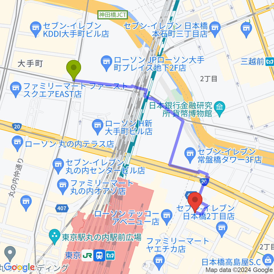 大手町駅からシアーミュージック 東京校へのルートマップ地図