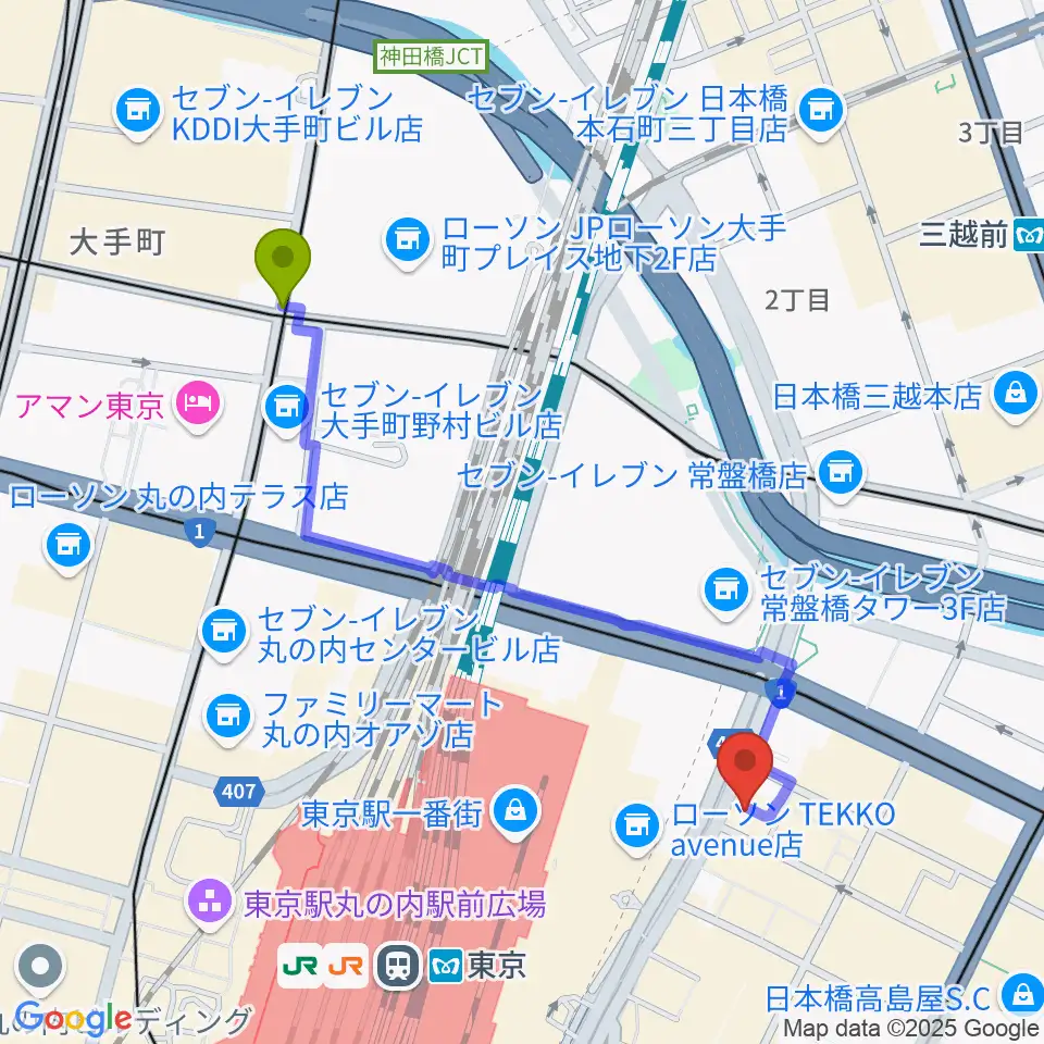 大手町駅からシアーミュージック 東京校へのルートマップ地図