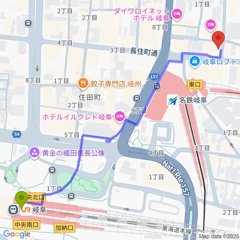 岐阜駅からシアーミュージック 岐阜校へのルートマップ地図