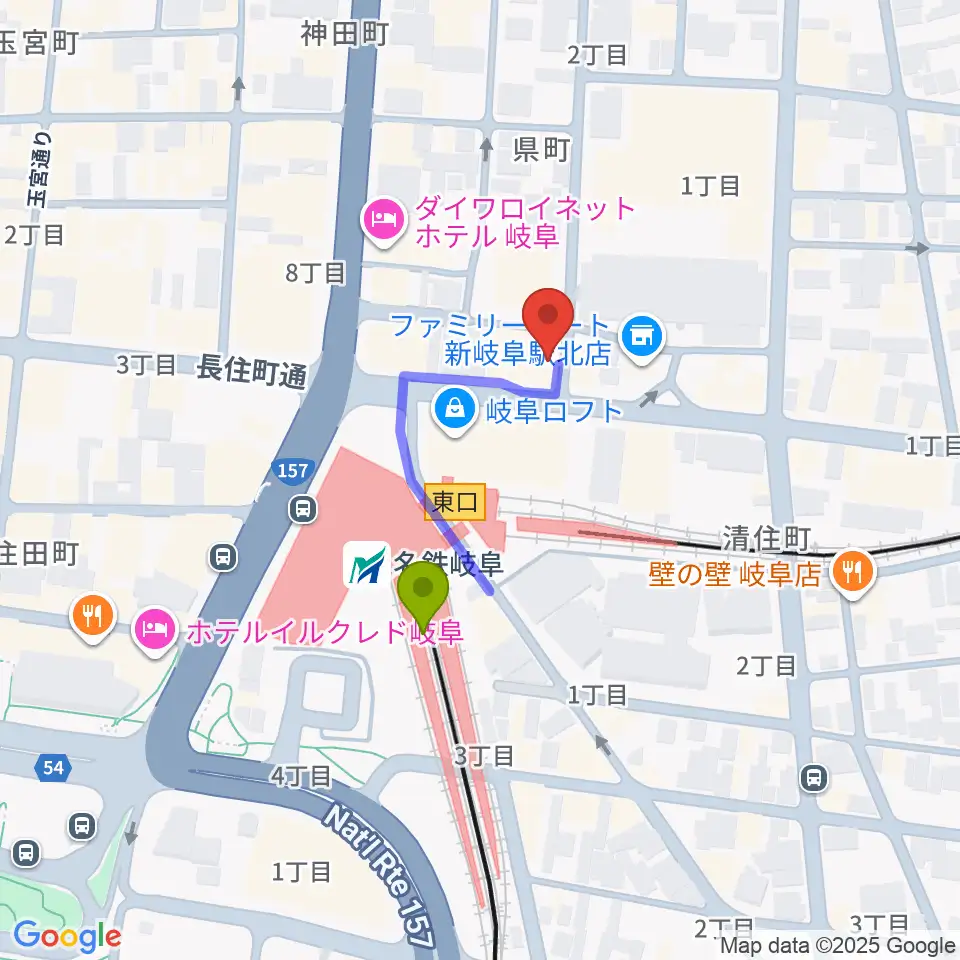 シアーミュージック 岐阜校の最寄駅名鉄岐阜駅からの徒歩ルート（約2分）地図