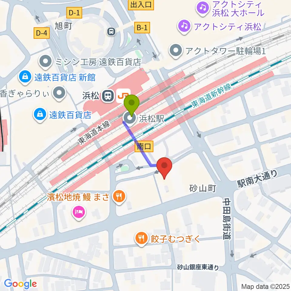 シアーミュージック 浜松校の最寄駅浜松駅からの徒歩ルート（約2分）地図