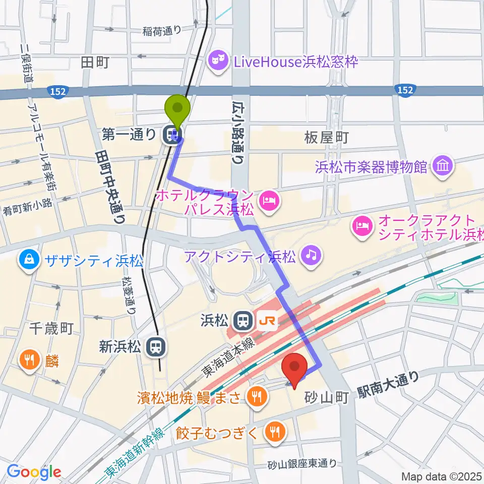 第一通り駅からシアーミュージック 浜松校へのルートマップ地図
