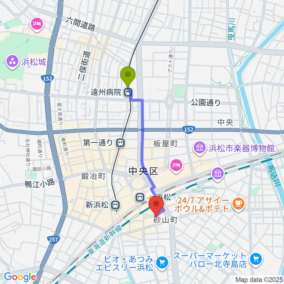 遠州病院駅からシアーミュージック 浜松校へのルートマップ地図