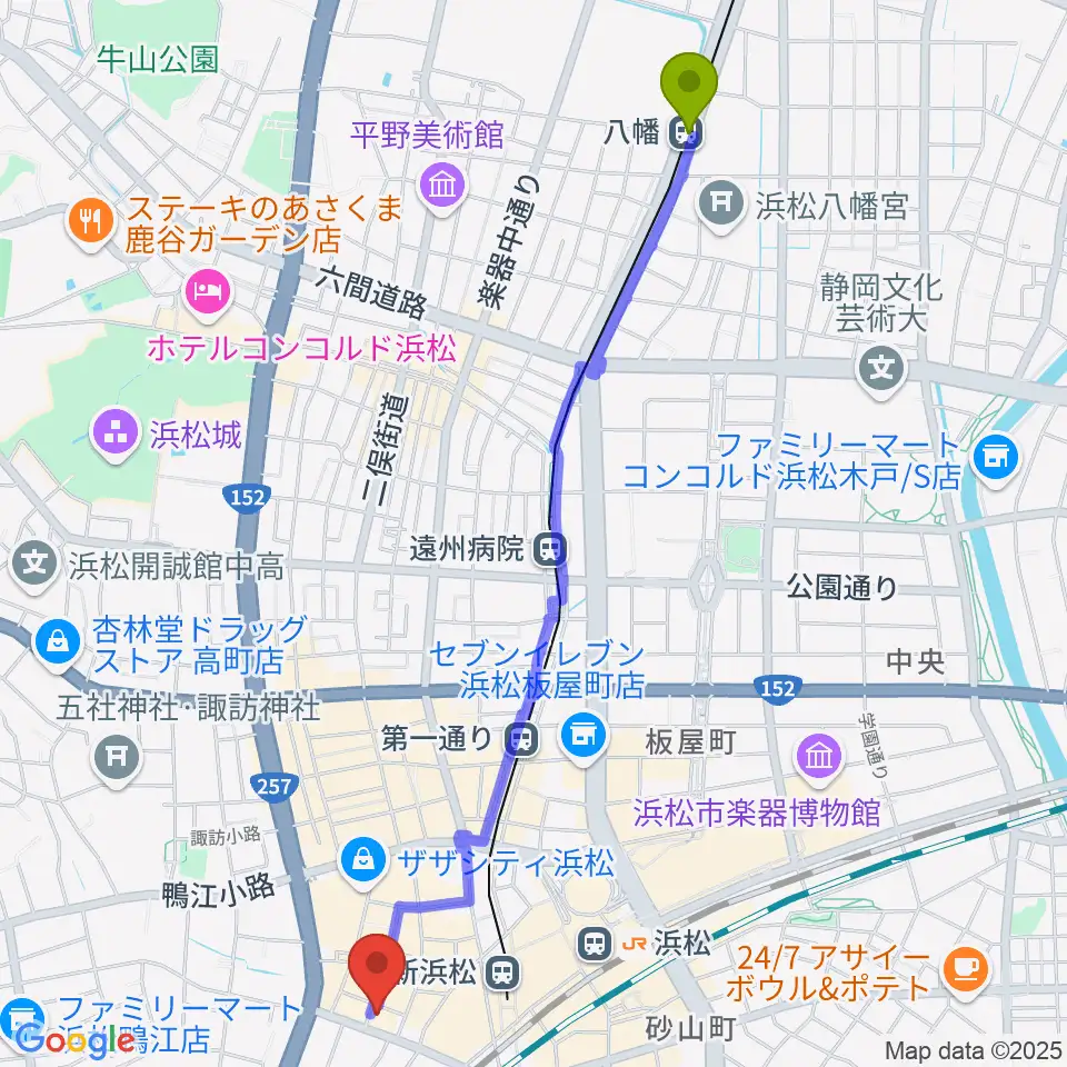 八幡駅からシアーミュージック 浜松校へのルートマップ地図