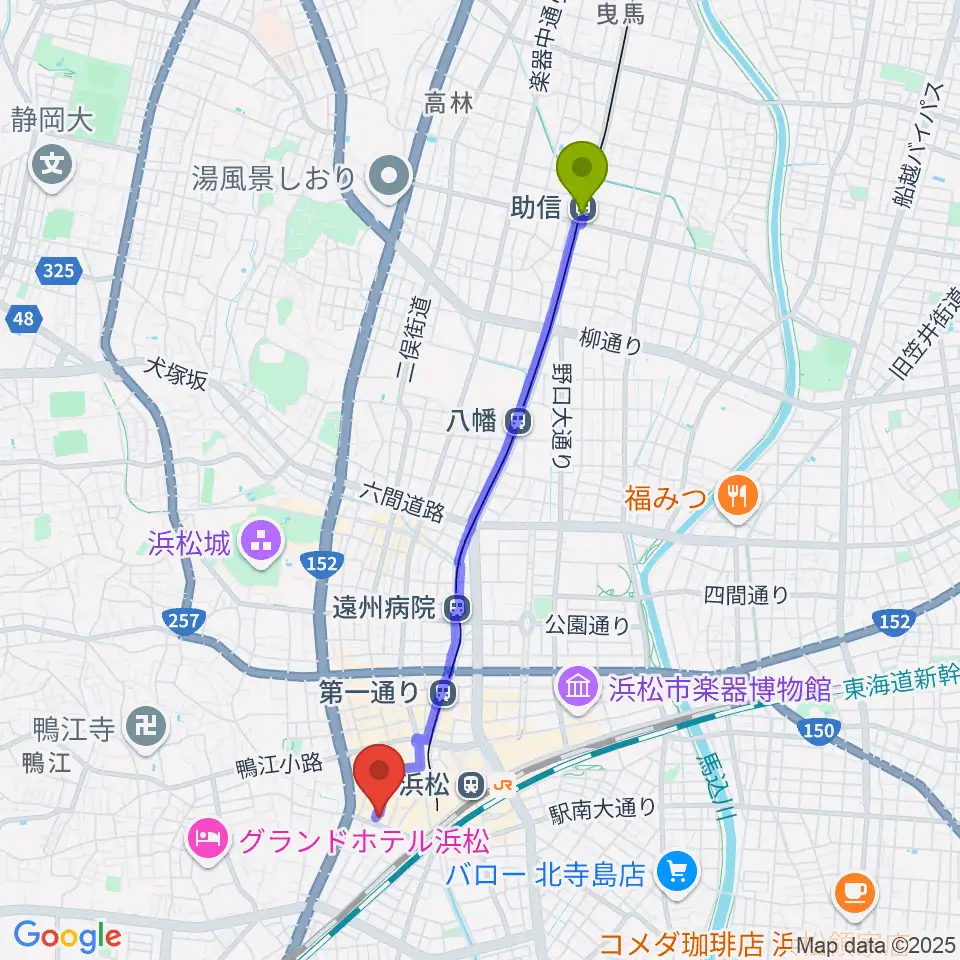助信駅からシアーミュージック 浜松校へのルートマップ地図