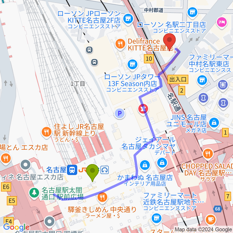 シアーミュージック名駅校の最寄駅名古屋駅からの徒歩ルート（約5分）地図