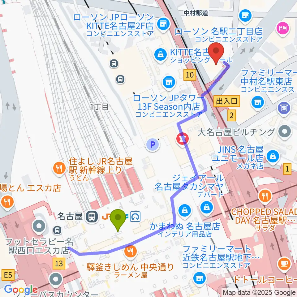 シアーミュージック名駅校の最寄駅名古屋駅からの徒歩ルート（約5分）地図