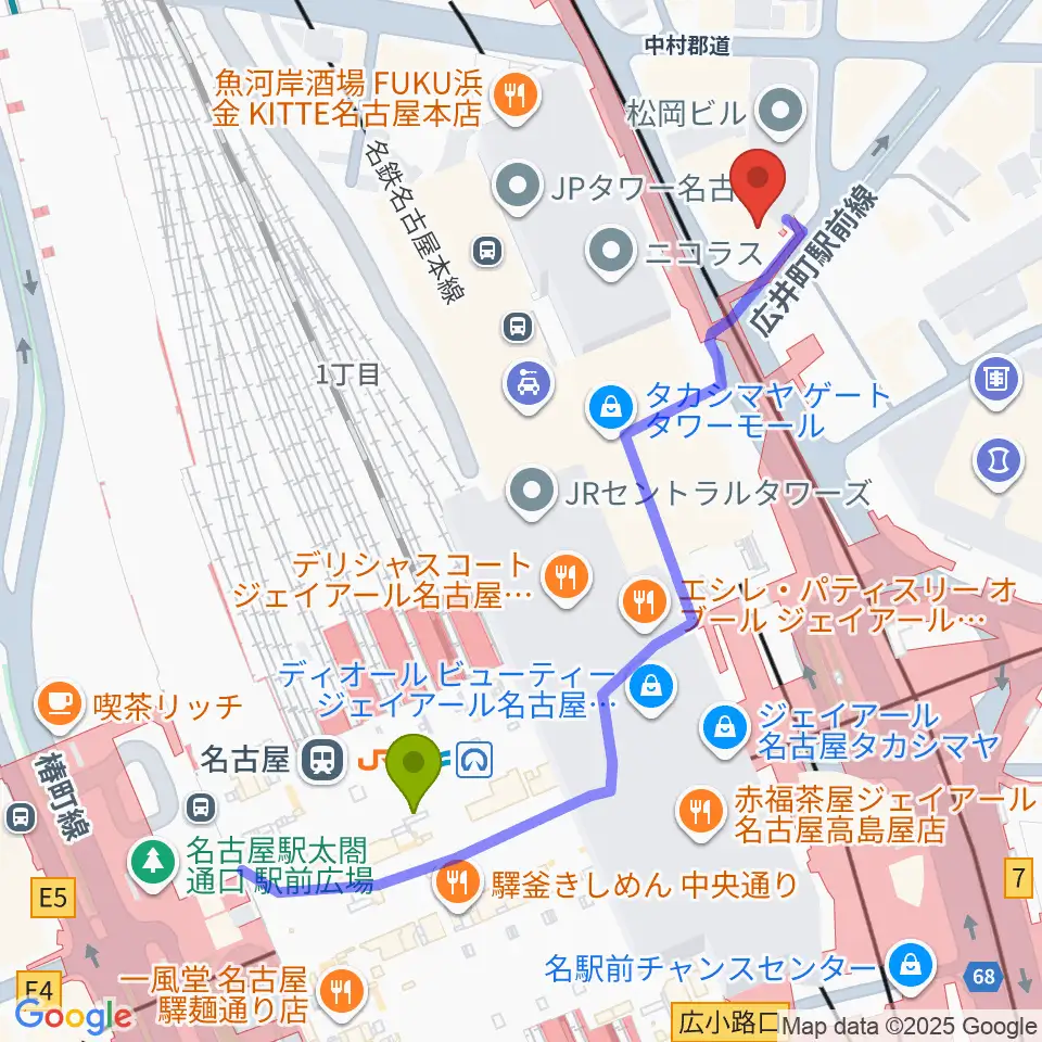 シアーミュージック名駅校の最寄駅名古屋駅からの徒歩ルート（約5分）地図